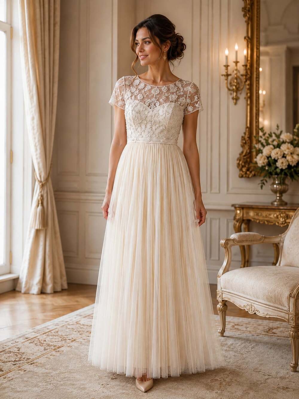 BHLDN Sakara Beaded Tulle A-Line Wedding Gown Ivory Short Sleeve Dress Size 0